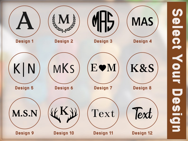 May include: Twelve different monogram and text design options for a personalized stamp. The designs include a single letter, two letters, three letters, initials with a heart, initials with an ampersand, initials with a wreath, and text.