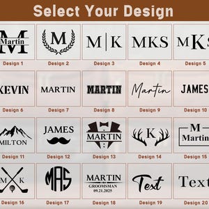 Puede incluir: Veinte dise&ntilde;os diferentes para regalos personalizados. Los dise&ntilde;os incluyen nombres, iniciales, monta&ntilde;as, astas, un palo de golf, un bigote, un esmoquin y texto. Los dise&ntilde;os son en blanco y negro.