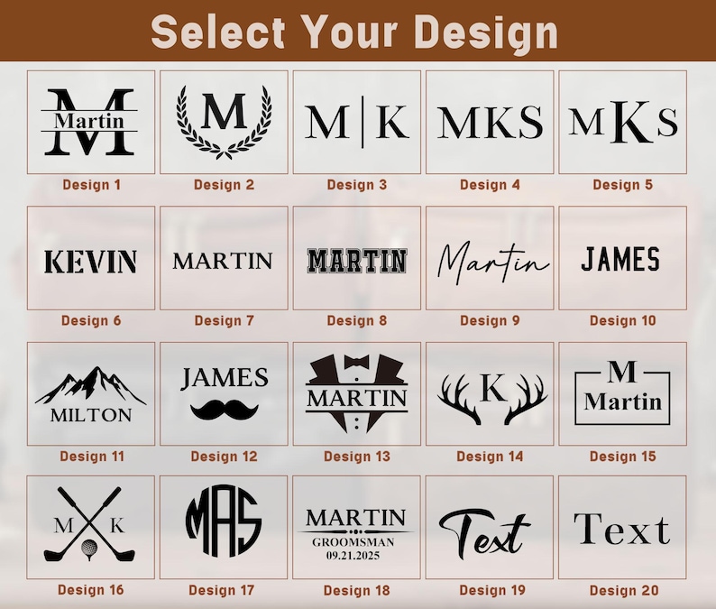 Puede incluir: Veinte dise&ntilde;os diferentes para regalos personalizados. Los dise&ntilde;os incluyen nombres, iniciales, monta&ntilde;as, astas, un palo de golf, un bigote, un esmoquin y texto. Los dise&ntilde;os son en blanco y negro.