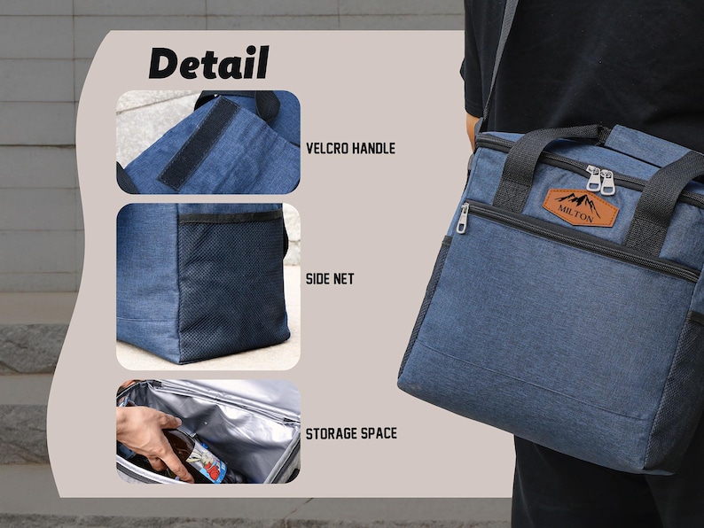 Puede incluir: Una bolsa de almuerzo azul aislada con un bolsillo de red lateral, un asa de velcro y un compartimento principal con cremallera. La bolsa tiene un parche de cuero marr&oacute;n con la palabra "MILTON" impresa en &eacute;l. La bolsa est&aacute; siendo sostenida por una persona.