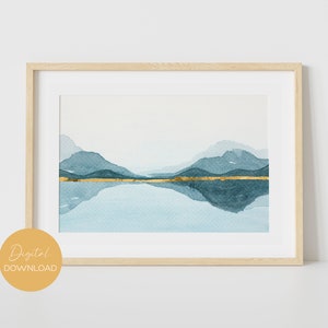 Blue Mountain Wall Art Print, Blue Abstract Landscape Print, Watercolor Mountain Printable, Mountain Reflection Gold Foil Wall Art Printable