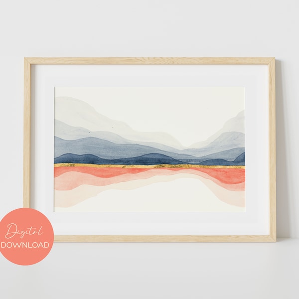 Aquarelle Mountain Painting, Digital Print of Original Artwork, Abstract Landscape by Female Artist in Orange and Blue