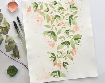 Abstract aquarel bloem Art Print, salie groen en licht roze naïeve botanische kunst aan de muur, originele illustratie print, vrouwelijk kamer decor