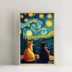 Cats Starry Night Print Funny Cat lovers gift alternative Van Gogh wall art poster print