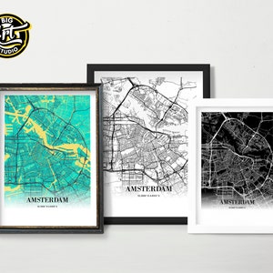 Affiche de carte de la ville d'Amsterdam, carte des rues imprimée des Pays-Bas, cadeau pour la maison.
