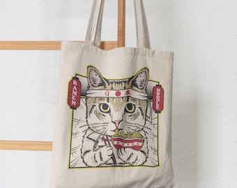 Ramen Noodle Cat tote Japan, Japanese Tote Bag, gift cotton shopper bag.