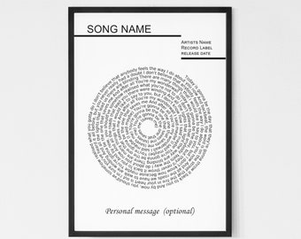 Personalised Vinyl Lyrics Print, Custom Music Poster, Customizable Music Gift, Music art Gift, Anniversary Gift, personal Wedding Song gift