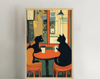 Cats at the Coffee Shop Window Print Funny illustration cat lovers gift