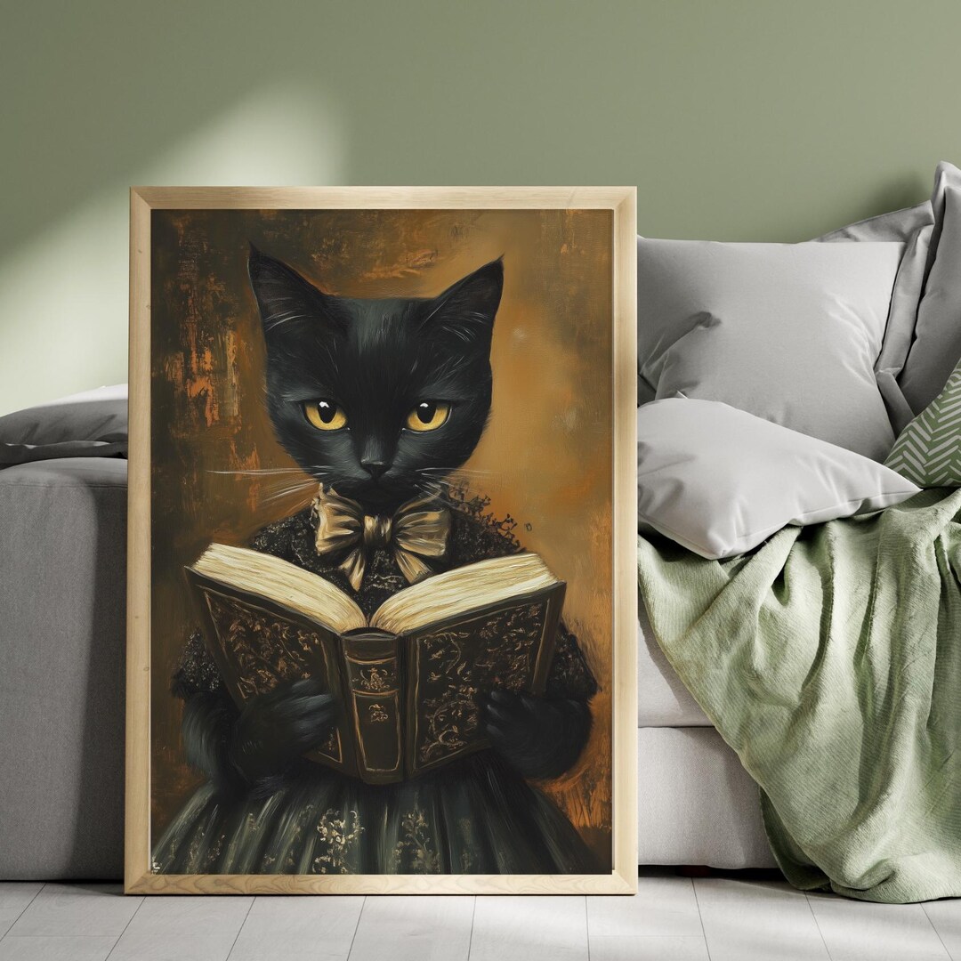 Black Cat Reading a Book Print Gothic Interior Art Decor Cat Lovers ...