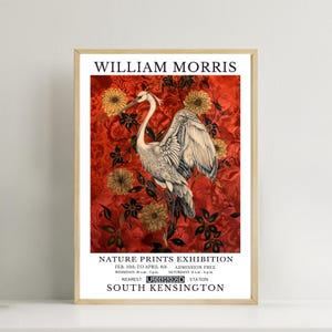 William Morris White Crane on Red print, Nature exhibition poster print wall art