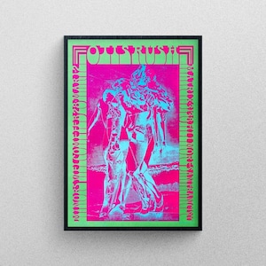 May include: A vintage concert poster with a psychedelic design featuring two figures in a pink and blue color scheme. The poster has the text "Four Rushes" at the top.