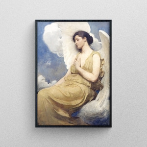 May include: A painting of an angel with large white wings, wearing a gold gown, sitting on a cloud. The angel has long brown hair and is looking down with her eyes closed.