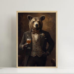 Bear at the Bar print, Bear Drinking Whiskey poster, Vintage Painting Style Portrait. Art Print
