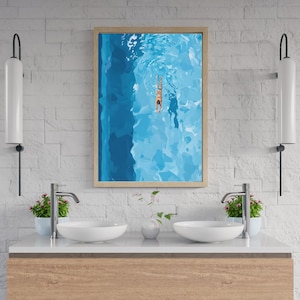 Impresión de nadador solitario en la piscina, arte de pared de verano, póster de natación estilo californiano, regalo, arte de natación