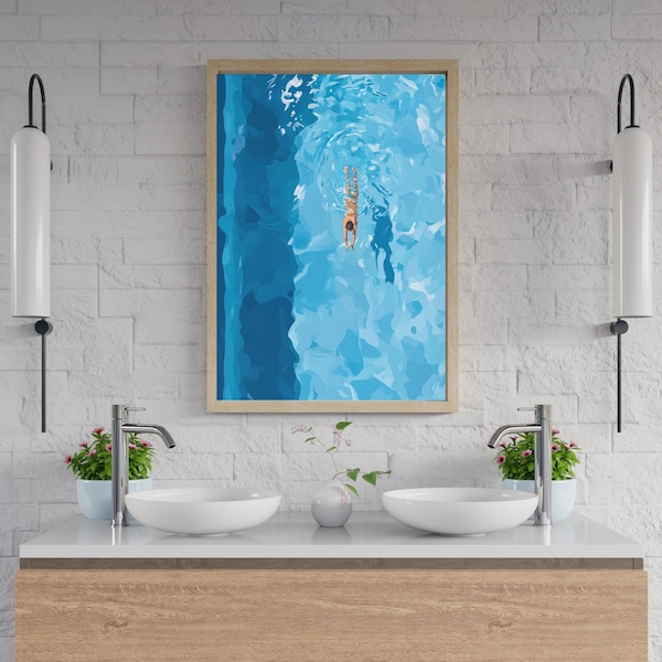 Impresión de nadador solitario en la piscina, arte de pared de verano, póster de natación estilo californiano, regalo, arte de natación