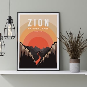 Zion canyon national park travel poster, contemporary illustration art print