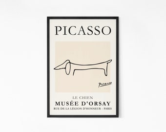 May include: Black and white line drawing of a dachshund dog on a beige background. The text "PICASSO" is at the top of the poster, and the text "LE CHIEN MUSÉE D'ORSAY RUE DE LA LÉGION D'HONNEUR - PARIS" is at the bottom.