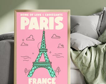 Paris france illustration print cute Paris France Pink poster Print wall art
