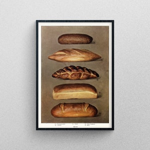 May include: A framed vintage illustration of five different types of bread, including a baguette, a braided loaf, and a round loaf. The illustration is in shades of brown and white on a beige background.