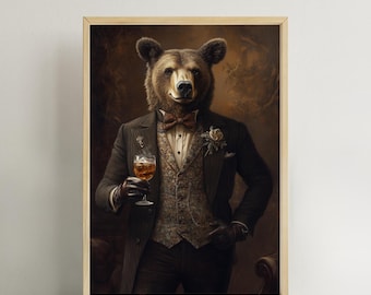 Bär an der Bar Druck, Bär trinkt Whisky Poster, Vintage Portrait Malerei. Kunstdruck