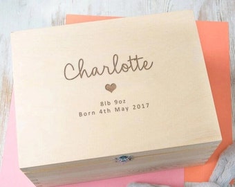 Personalized Wooden Baby Box, Engraved Name Keepsake Box, Christening Wedding New Baby Photo Box, Memory Gift Box, Valentines Day Gift Box
