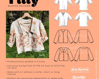May include: Tilly Blouse Pattern sewing guide featuring a cream-colored blouse with orange floral embroidery, a wide collar, and button front. Includes technical line drawings of front and back views for various sleeve and collar options.