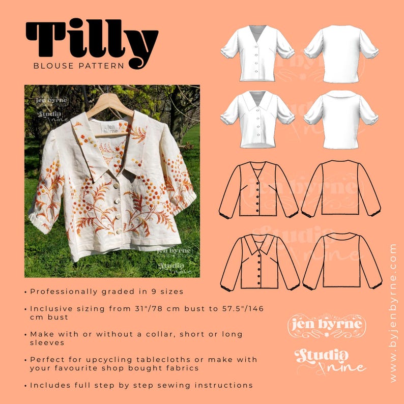 May include: Tilly Blouse Pattern sewing guide featuring a cream-colored blouse with orange floral embroidery, a wide collar, and button front. Includes technical line drawings of front and back views for various sleeve and collar options.