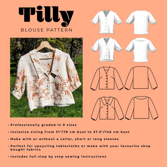 TILLY Blouse Sewing Pattern, Reclaimed Fabric Design (PDF Pattern) Tablecloth top