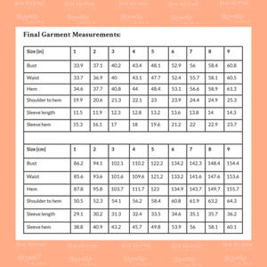 May include: A white rectangular chart titled Final Garment Measurements with black text and grid lines. It displays two sections of data for sizes 1 through 9, listing measurements in inches and centimeters for bust, waist, hem, shoulder to hem, sleeve length, and sleeve hem.