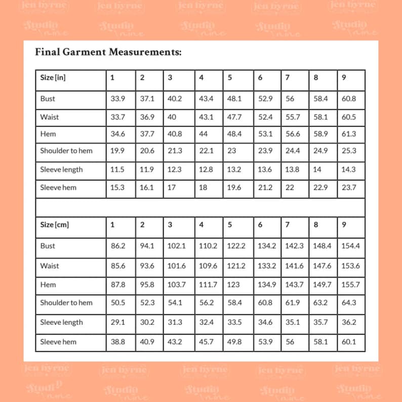 May include: A white rectangular chart titled Final Garment Measurements with black text and grid lines. It displays two sections of data for sizes 1 through 9, listing measurements in inches and centimeters for bust, waist, hem, shoulder to hem, sleeve length, and sleeve hem.
