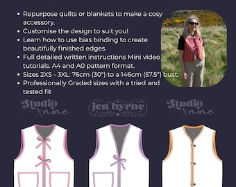 May include: A digital sewing pattern for an upcycled quilt vest, featuring text, a photo of a person wearing a red quilted vest, and three illustrations of white vests with different closures, including ties and toggles, in sizes 2XS to 3XL.