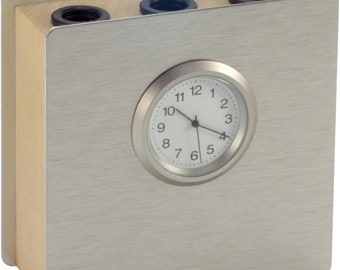 Table clock and pen holder made of beech wood and brushed aluminum