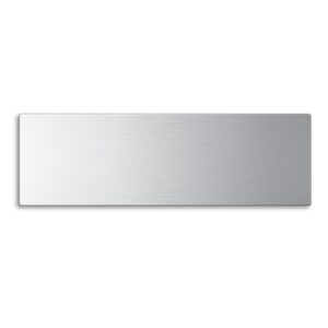 May include: A brushed silver metal nameplate with a smooth, reflective surface.