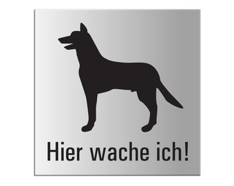 Attention dog shield dog warning sign aluminum silver anodized 12 x 12 cm self-adhesive