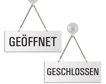 Schild Geöffnet Geschlossen Kettenschild - Aluminium Weiss 175x65 mm mit Saugnapfhaken