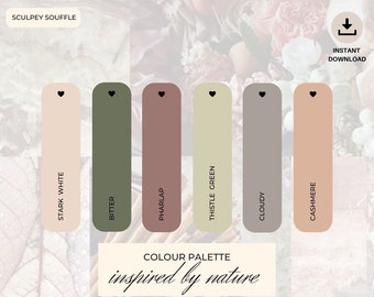 May include: A color palette inspired by nature with six color swatches labeled Stark White, Bitter, Pharlap, Thistle Green, Cloudy, and Cashmere. The text "COLOUR PALETTE inspired by nature" is below the swatches.