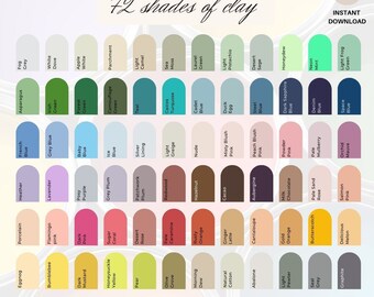 May include: A colour palette chart displaying 72 shades of clay, ranging from soft pastels to rich tones. The chart includes colour names such as "Fog Grey," "Sea Moss," and "Denim Blue." The text "Instant Download" is visible.