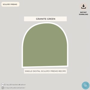 Puede incluir: Receta digital para un solo color de arcilla polimérica Sculpey Premo, llamada "Granite Green". El color es un verde apagado, similar al color del granito.