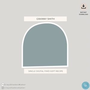 Puede incluir: Gráfico de descarga digital con el texto "GRANNY SMITH" sobre una forma de arco verde azulado. Debajo del arco está el texto "SINGLE DIGITAL FIMO SOFT RECIPE". La imagen tiene un fondo gris claro con un icono de descarga en la esquina superior derecha.