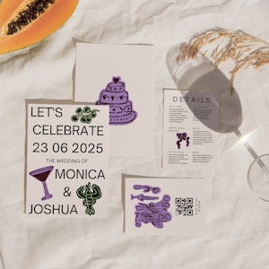 Illustrierte Hochzeitseinladung | Benutzerdefinierte Hand gezeichnet Hochzeit Briefpapier | Einzigartige moderne helle bunte Hochzeit | Lädt grün lila ein