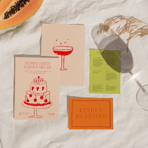Handgezeichnete Hochzeitseinladung Set | Personalisiertes Hochzeits-Briefpapier | Einzigartige moderne bunte Hochzeit | Pink grün orange Schreibset
