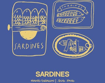 Hand-Drawn Sardines Illustration Set | Whimsical Wedding Clipart | Birthday Bachelorette Drinks Invitations SVG & PNG