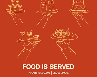 Hand-Drawn Dinner Table Illustration Set | Whimsical Wedding Clipart | Wedding Rehearsal Bachelorette Drinks Invitations Waiter Serving Food