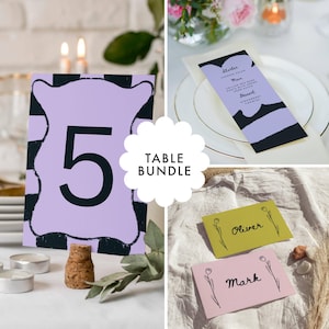 Conjunto de mesa para casamento | Menu Cartões de visita número da mesa | Casamento desenhado à mão | Pacote de papelaria | Convite de casamento colorido moderno