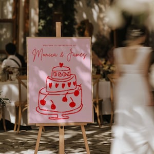 Pink Doodle Welcome Sign | On the day Stationery | Hand Drawn Stationery | Boho Colorful Wedding Sign Easel | Pink Green quirky illustration