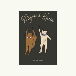 May include: Illustration of two cats toasting with wine glasses, with the names "Megan & Kevin" in cursive script above them. The date "23 06 2025" is printed below. The cats are on a dark gray background.
