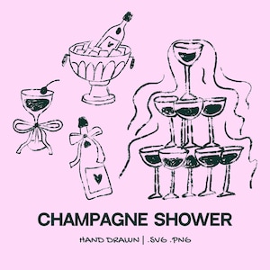 Hand-Drawn Champagne Illustration Set | Whimsical Wedding Clipart | Elegant Bar Drinks Invitations SVG & PNG for Wedding Bridal Shower