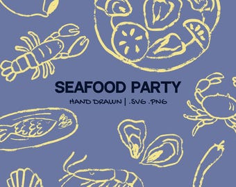 Whimsical Seafood Clipart for Wedding Menus | Hand-Drawn Lobster, Oyster, Fish Illustrations for Coastal Events Illustration Doodle
