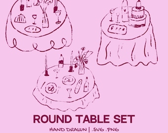 Hand-Drawn Round Dinner table Illustration Set | Whimsical Wedding Clipart | Wedding Rehearsal Bachelorette Drinks Invitations SVG & PNG