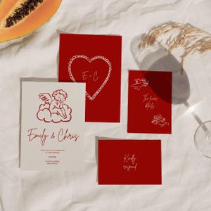 Handgezeichnete Hochzeitseinladung Set | Personalisiertes Hochzeits-Briefpapier | Einzigartige moderne bunte Hochzeit | Cherub Rot Weiß Schreibset